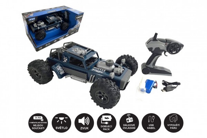 RC auto blu che rilascia vapore