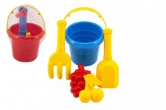 Set pentru nisip 5 piese: găleată de plastic, lopățică, greblă, formă pentru nisip 2 bucăți, 3 culori