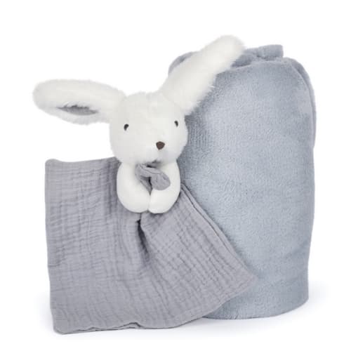 Ensemble cadeau Doudou Happy Rabbit couverture et snood bleu-gris