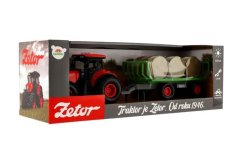 Traktor Zetor s vlekom a balíkmi plast na zotrvačníku na batériu so svetlom a zvukom v krabici