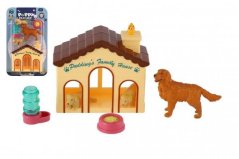 Chiots/Chiens 3pcs avec maison/boudou en plastique avec accessoires sur carte 15x25x5cm