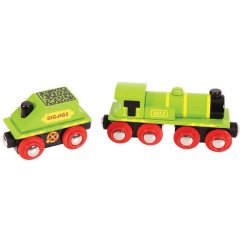 Bigjigs Rail Zöld mozdony tenderrel + 3 sínpálya