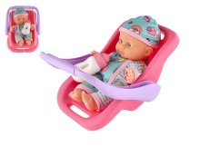 Păpușă bebeluș 20 cm în cărucior/în scaun de mașină cu biberon