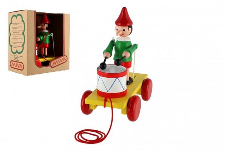 Pinocho con tambor tirando de madera 20cm en caja a partir de 12 meses