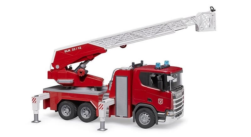 Camion de pompieri Bruder 3591 Scania Super 560R cu scară pivotantă, pompă de apă și modul de sunet și lumină