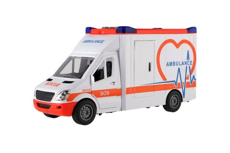 Auto ambulance plast 28cm s lehátkem na setrvačník se světlem se zvukem v krabici