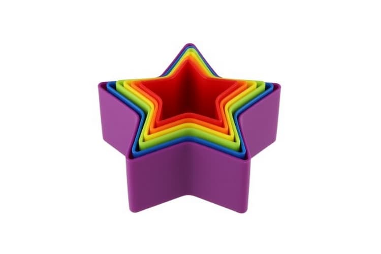 Torre/Pirámide estrella colorido puzzle apilable 6pcs plástico en caja 12x12x6,5cm 18m+