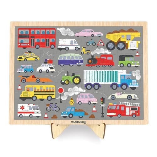 Mudpuppy Puzzle din lemn Vehicule + Afișaj 100 piese