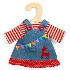 Bigjigs Toys Rochie din denim cu bretele și tricou în dungi pentru păpușă de 28 cm