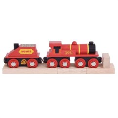 Bigjigs Rail Piros mozdony tenderrel + 3 sínpálya