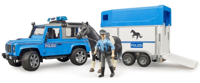 Land Rover de la policía Bruder 2588 con portador de caballos y oficial de policía