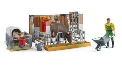 Bruder 62611 BWORLD farmszett – boksz tehénnel, borjúval és gazdával