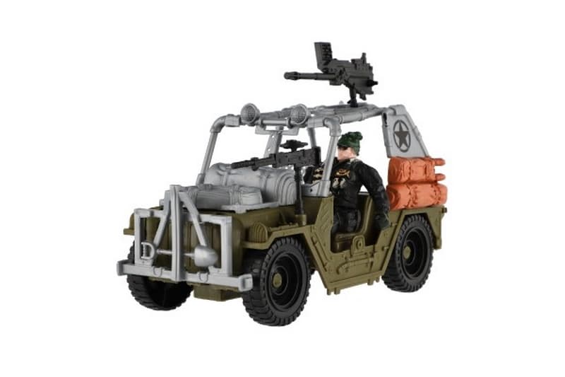 Wojskowy samochód terenowy z żołnierzem z tworzywa sztucznego z akcesoriami do swobodnej jazdy w kolorze zielonym w pudełku