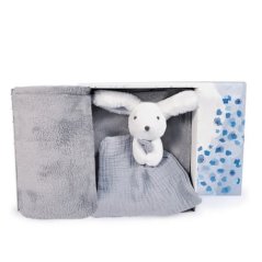 Ensemble cadeau Doudou Happy Rabbit couverture et snood bleu-gris