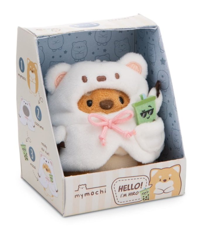 NICI plyš MyMochi Pejsek Hiro 8cm v kostýmu ledního medvěda a bubble tea,set dár. bal. 8,5x6,5x10cm