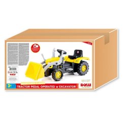 Velký šlapací traktor s rypadlem, žlutý