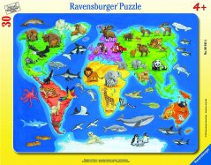 Casse-tête Carte du monde avec animaux, 30 pièces - Ravensburger