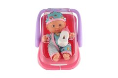 Păpușă bebeluș 20 cm în cărucior/în scaun de mașină cu biberon