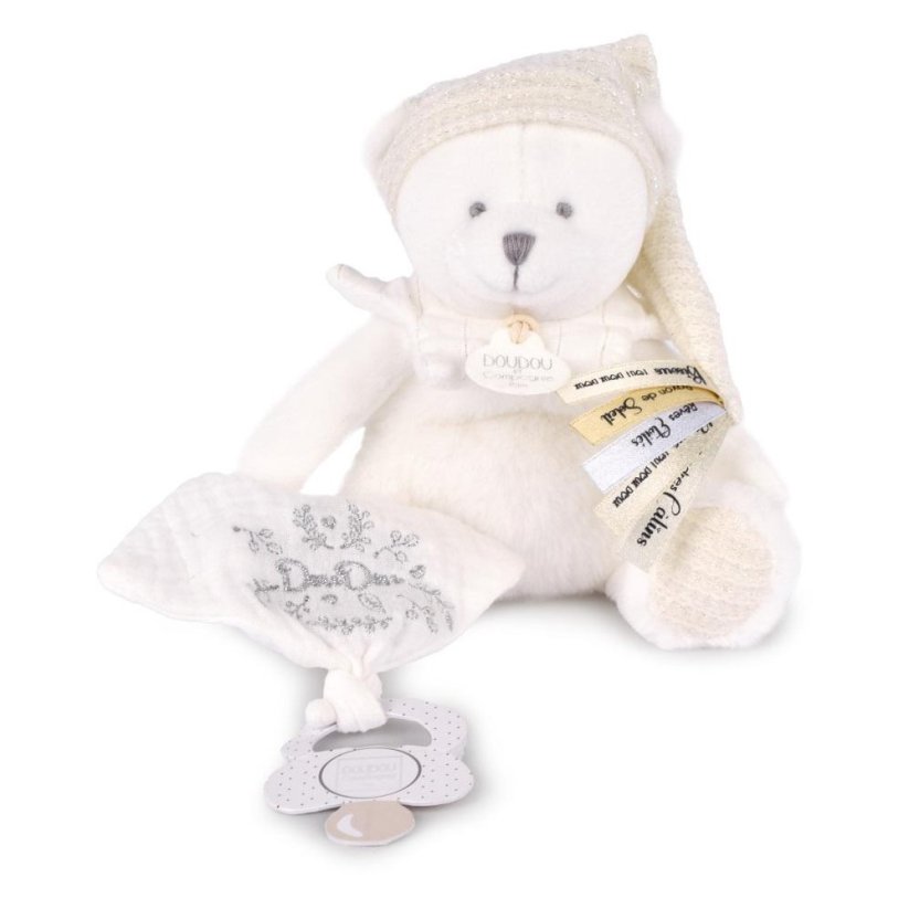 Doudou Dárková sada Plyšový medvídek s úchytem na dudlík a dečkou béžový 20 cm