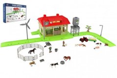 Készlet otthoni farm állatokkal és traktorral műanyagból, tartozékokkal dobozban