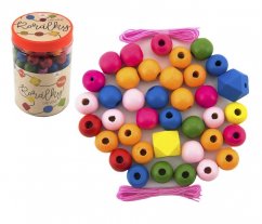 Perles de couleur en bois MAXI avec élastiques 106 pcs en boîte plastique