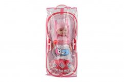 Muñeca/bebé con portabebés guiñando pipí cuerpo macizo de plástico con accesorios en murciélago. Con sonido en bolsa