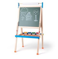 ABC tábla betűkkel, papírtekerccsel és poharakkal