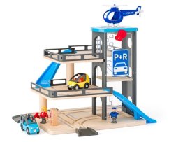 Woody Garage z samochodami i lądowiskiem dla helikopterów