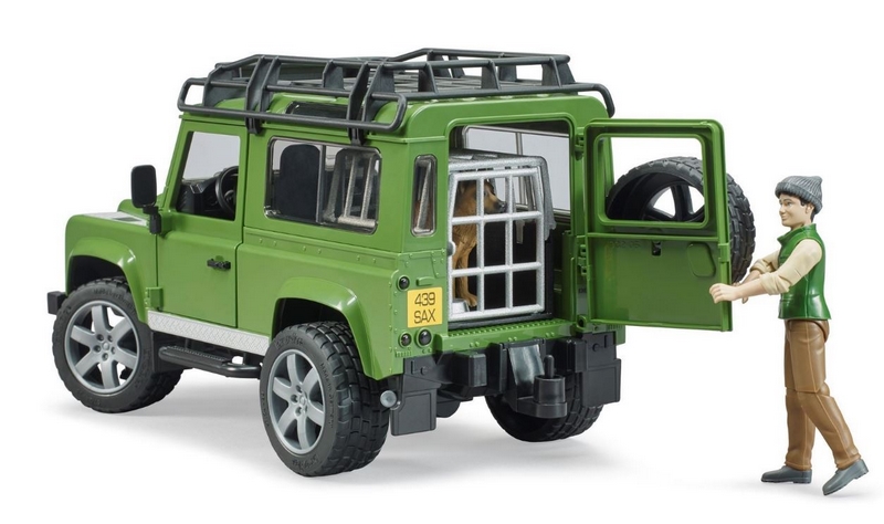 Bruder 2587 Land Rover Defender, figurka myslivce a psa