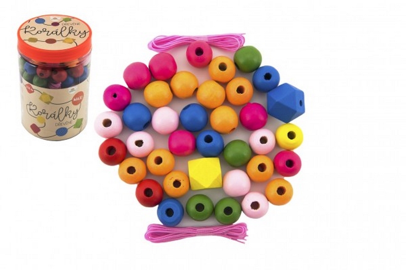 Perles de couleur en bois MAXI avec élastiques 106 pcs en boîte plastique