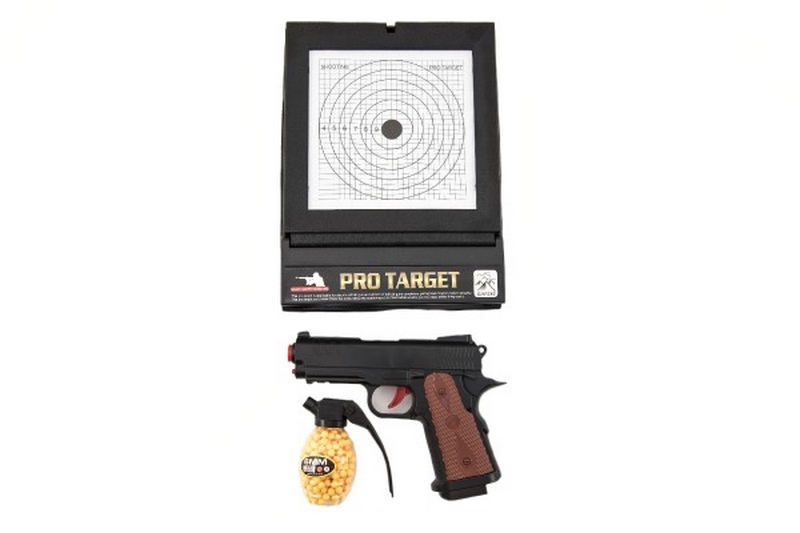 Pistola de plástico para bolas de 6mm con diana en caja 45x29x5cm