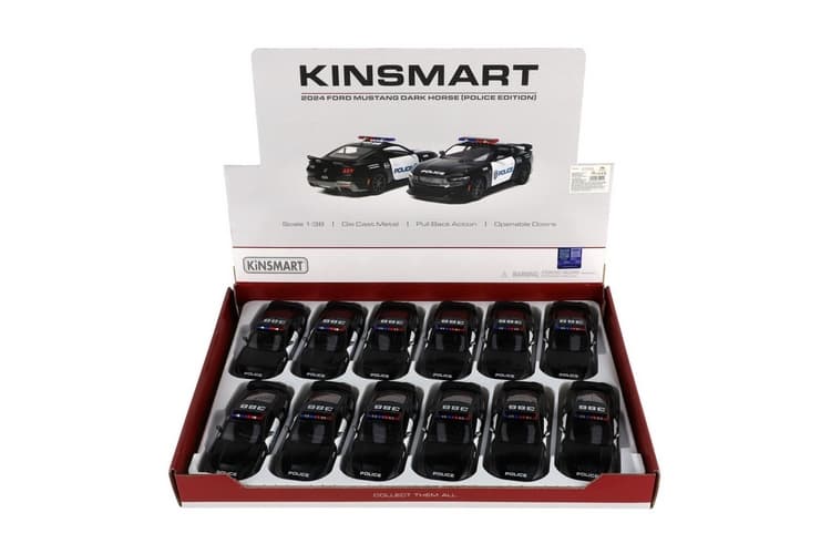 Auto Kinsmart 2024 Ford Mustang Dark Horse Policie 1:38 kov/plast 13cm na zpětné natažení 12ks v box