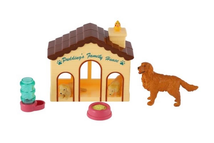 Cachorros/perros 3pcs con casa/boudou plástico con accesorios en tarjeta 15x25x5cm