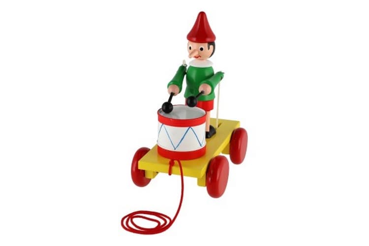 Pinocchio avec tambour à tirer en bois 20cm dans sa boîte à partir de 12 mois