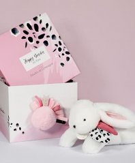 Doudou Coffret cadeau - Lapin en peluche avec pompon rose 25 cm