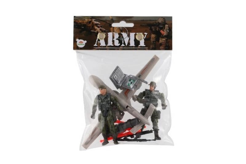 Set soldați cu avion cu accesorii din plastic în pungă