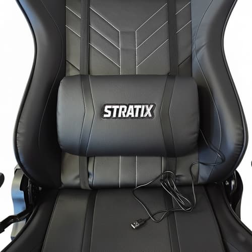 Gaming massázsfotel, fekete, lábtartóval