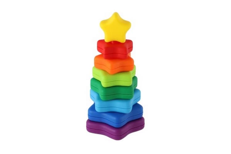 Torony/Piramis csillag színes rakosgatós puzzle 8db műanyag dobozban 9x17x9cm 18m+