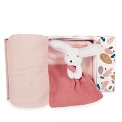 Coffret cadeau Doudou Happy Rabbit avec une écharpe et une gigoteuse rose