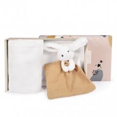 Coffret cadeau Doudou Happy Rabbit avec une écharpe et une grenouillère beige