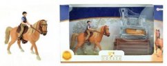 Set caballo + jockey con accesorios granja plástico en caja 34x19x5cm