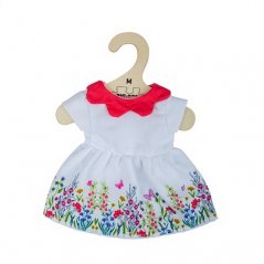 Bigjigs Toys Biała sukienka w kwiaty z czerwonym kołnierzykiem dla lalki 34 cm