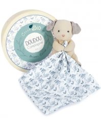 Doudou Set cadou - Câine de pluș cu pătură din bumbac organic 15 cm