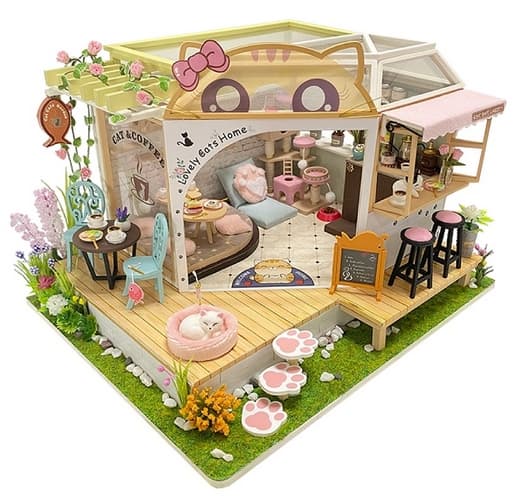 Két gyerek miniatűr ház Macskakávézó kerttel
