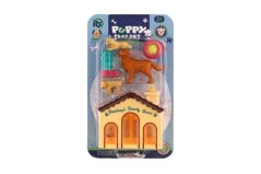 Chiots/Chiens 3pcs avec maison/boudou en plastique avec accessoires sur carte 15x25x5cm