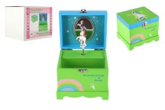 Cutie de bijuterii unicorn care se joacă pe lemn stretch cu balamale sus verde 12,5x10,5cm în cutie
