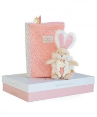 Set regalo Doudou - coniglio di peluche rosa e astuccio per pannolini