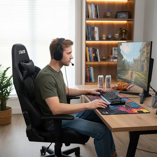 Gaming massázsfotel, fekete, lábtartóval