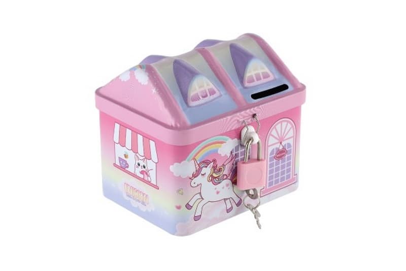 Caja del tesoro casa unicornio lata con cerradura rosa en bolsa
