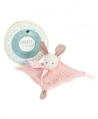 Doudou Coffret cadeau - Lapin en peluche avec couverture rose en coton bio 25 cm